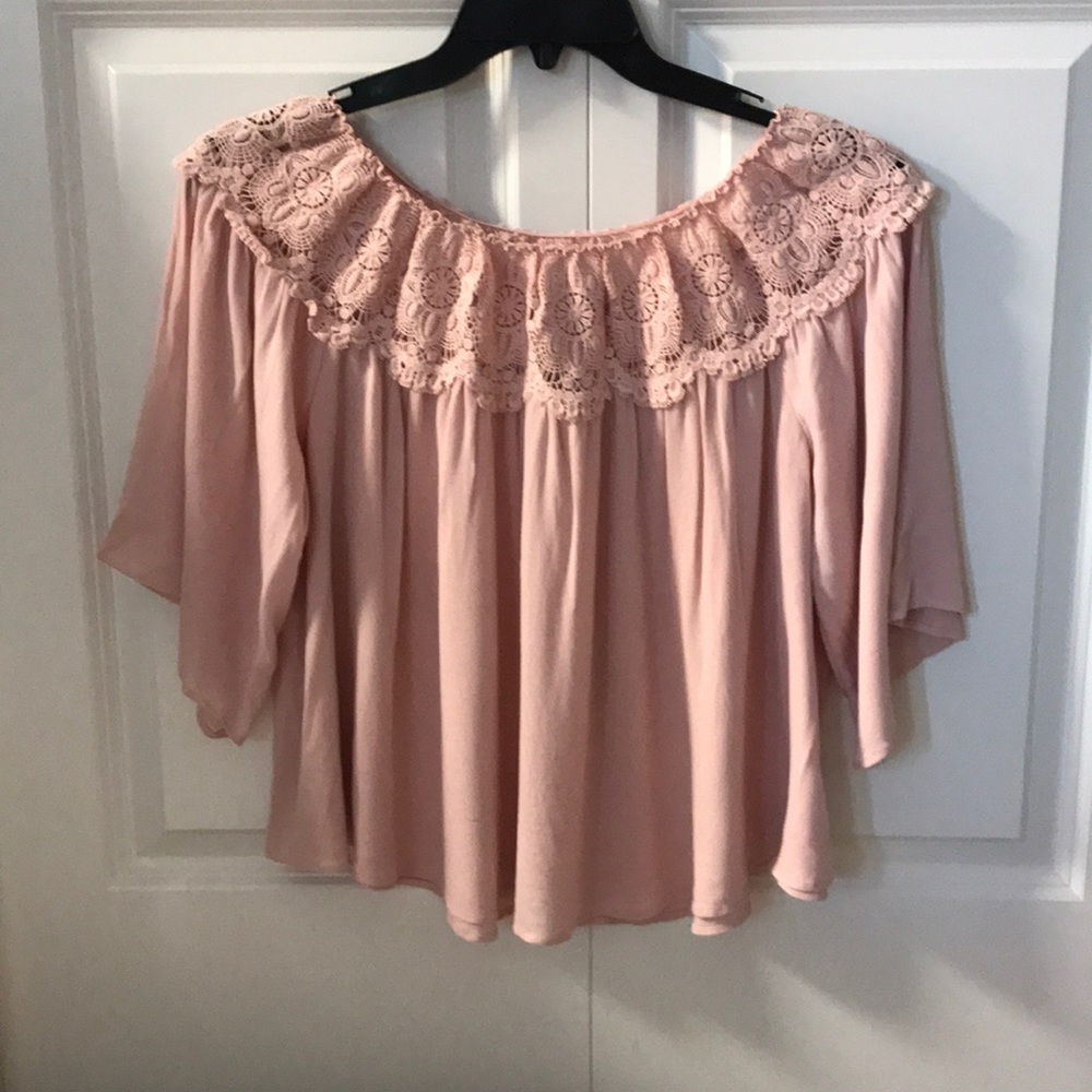 Blush pink off the shoulder shirt